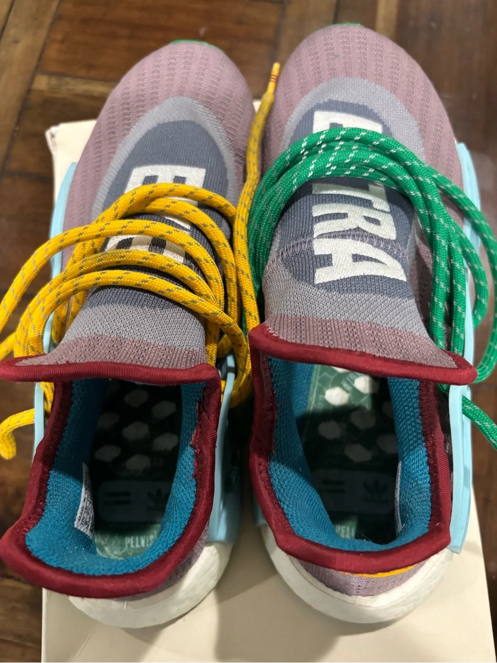 adidas Mens Purple Knit Sneakers with Green and Yellow Laces